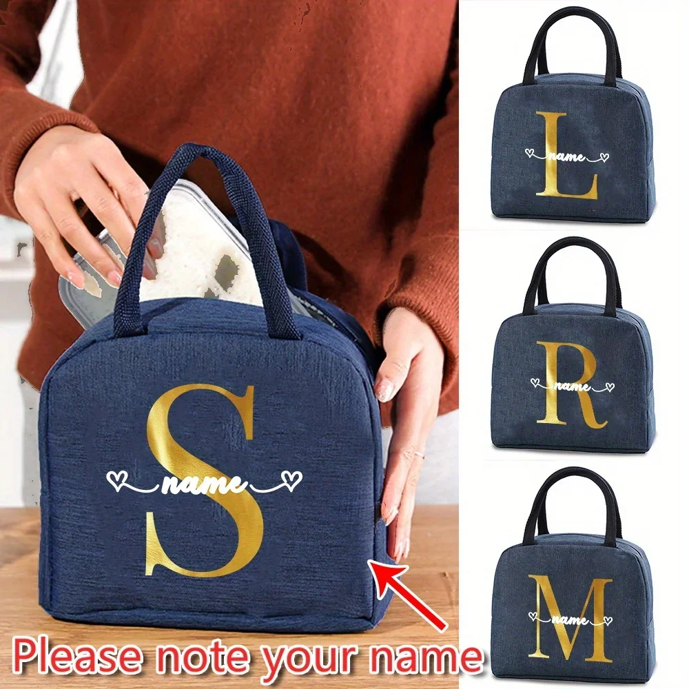

Customized Insulated Lunch Bag Aluminum Foil Bento Bag Women's Handbag Gold Letter Pattern Lunch Box Portable