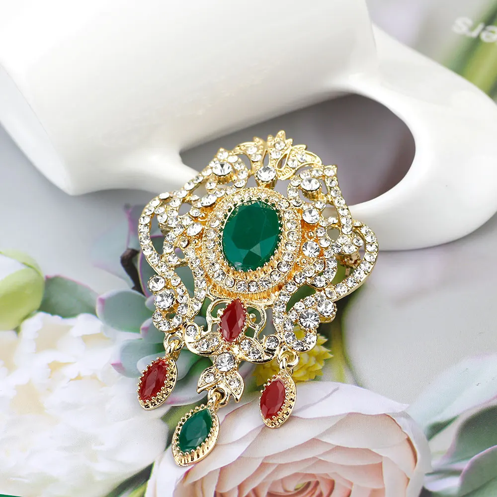 Sunspicems Gold Color Moroccan Jewerly Crystal Brooch Arabic Women Brooch Pins Full Rhinestone Bride Wedding Bijoux