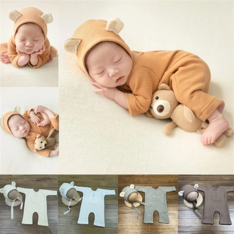 

J15U Cartoon Bear Hat with Jumpsuits Color Baby Photoshoot Clothing Bosyduit