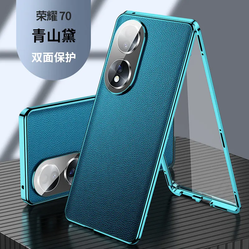 360 Full Protection Metal Bumper Clear Front Glass Case for Honor 70 Honor70 FNE NX9 with Back PU Leather Skin Cover Protector