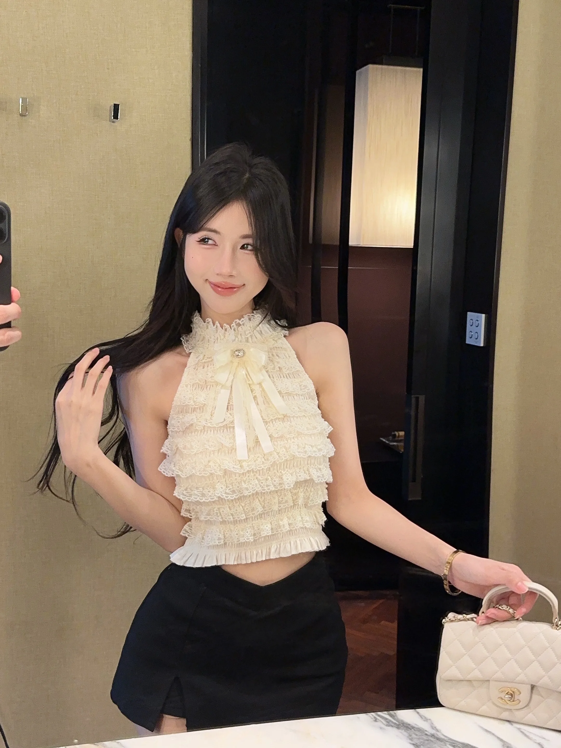 

French Style Women Patchwork Lace Crop Tops Sleevelss Bowknot Hanging Neck Vest Blouse Fashion Girl Celebrate Party Shirt