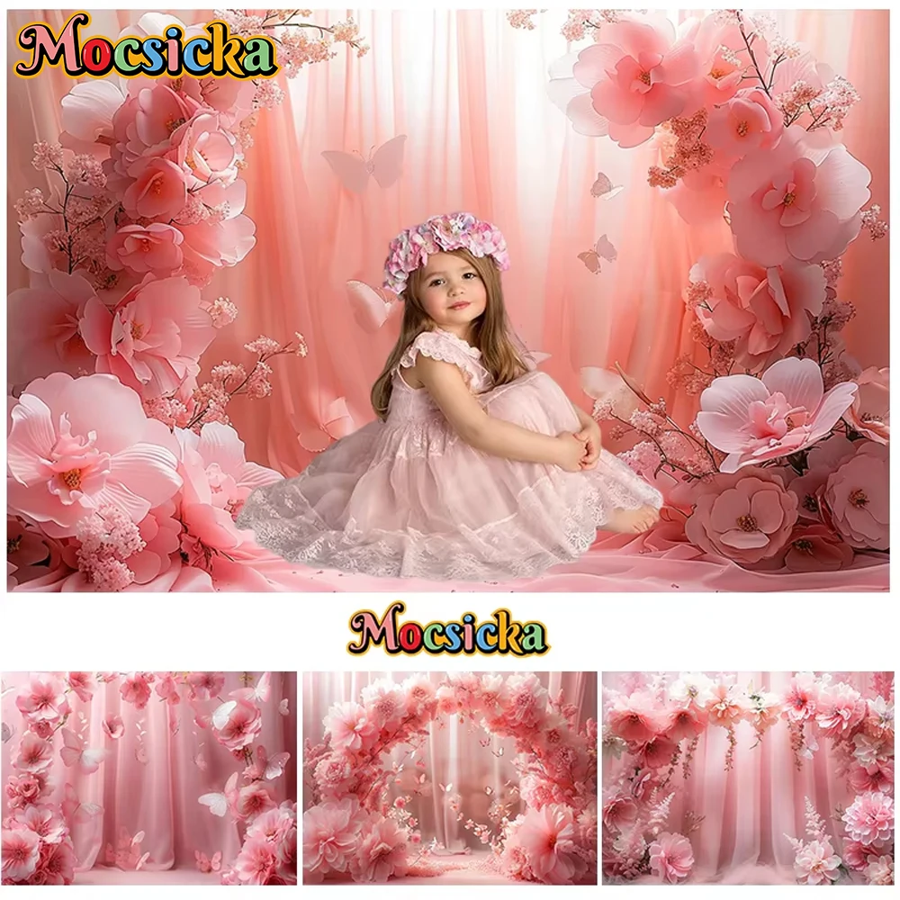 

Mocsicka Princess Photography Background Pink Curtain Floral Butterfly Decor Birthday Cake Smash Girl Children Portrait Backdrop