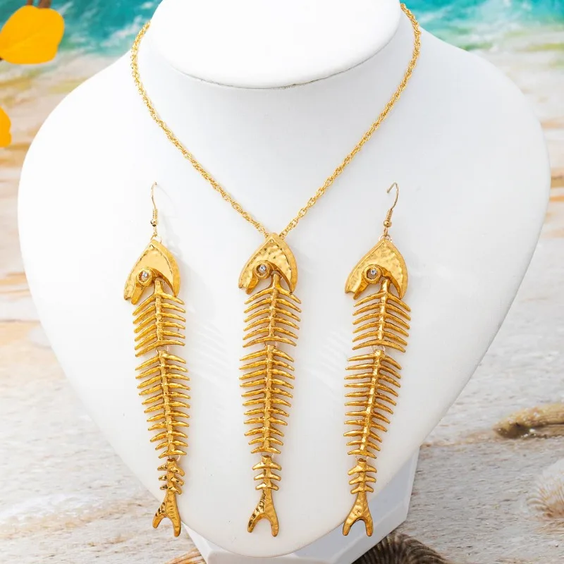 Gold Fish Bone Tassel Jewelry Set Long Dangle Earrings Pendant Necklace Women Bohemian Fashion Ornaments