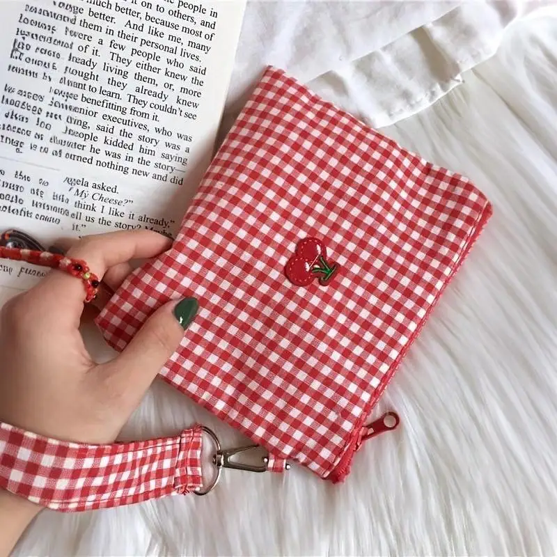 Red Cherry Canvas Makeup Bag, Portable Easy to Carry, Red Plaid Large Capacity Cosmetic & Lipstick Storage Bag