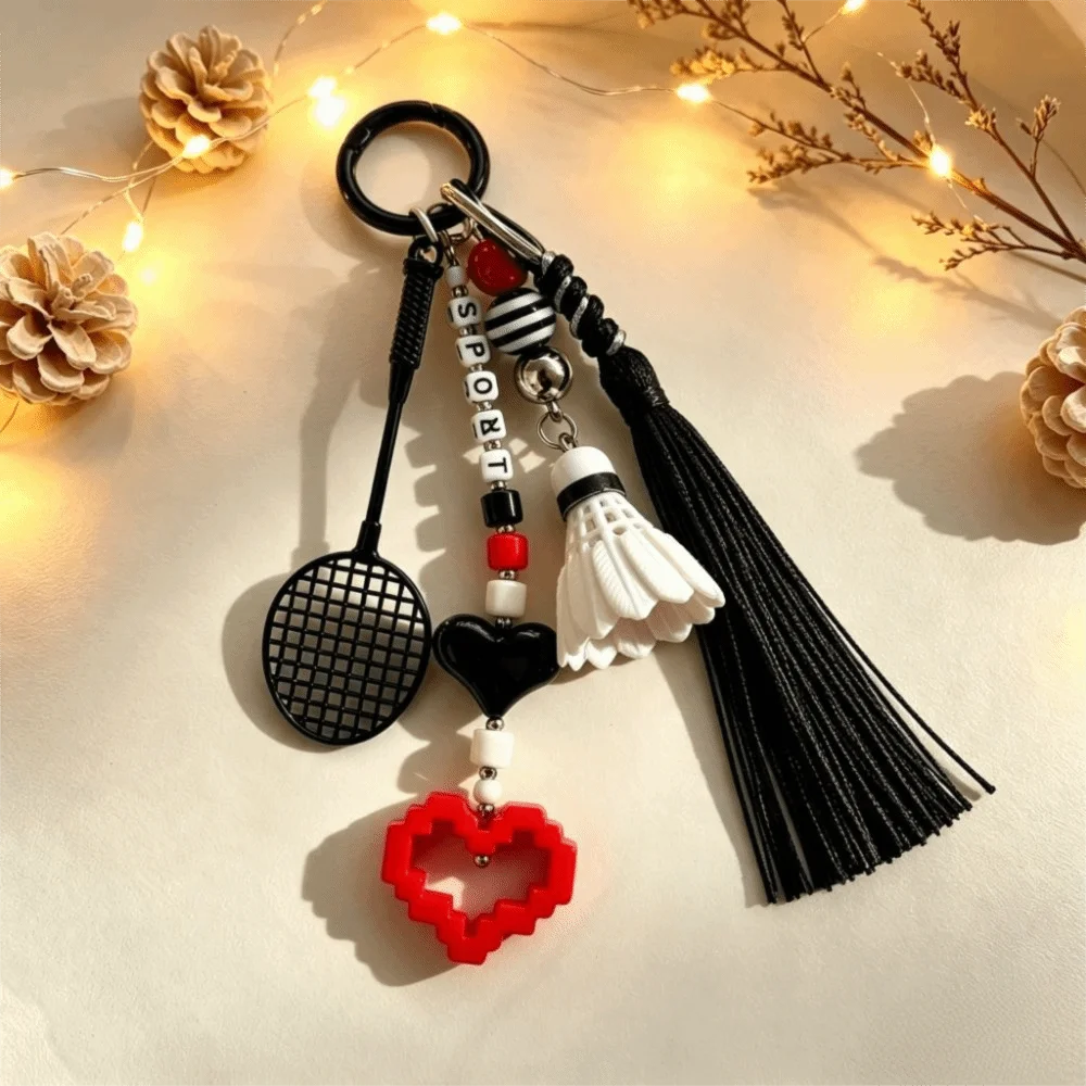 Metal Badminton Keychain Letter Beaded Handmade Beaded Badminton Racket Keychain Sport Racket Creative Design