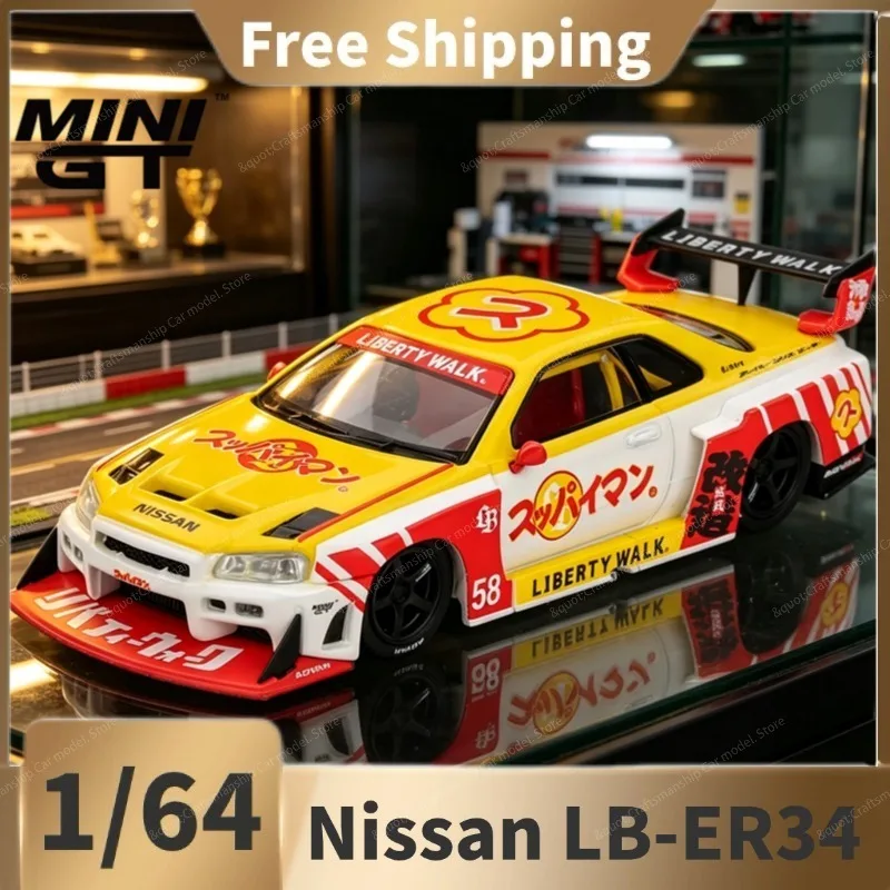 （In Stock）MINIGT 1:64 Nissan LB-ER34 Super Silhouette Okinawa Super Hero 1204# Alloy Model Car, for collection and display