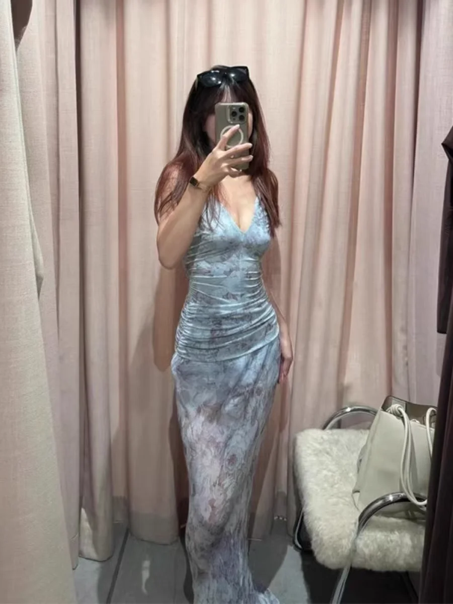 

Blue Rose Print Women Maxi Dress Summer 2025 Mesh Stitching V-Neck Sleeveless Fashion Female Sling Robe