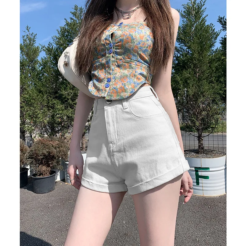 

High Waist Slim Fit Denim orts Women's Summer Thin Cotton Stretchy Roll up Hem Casual Zipper Closure Fashion Blue Pure Color