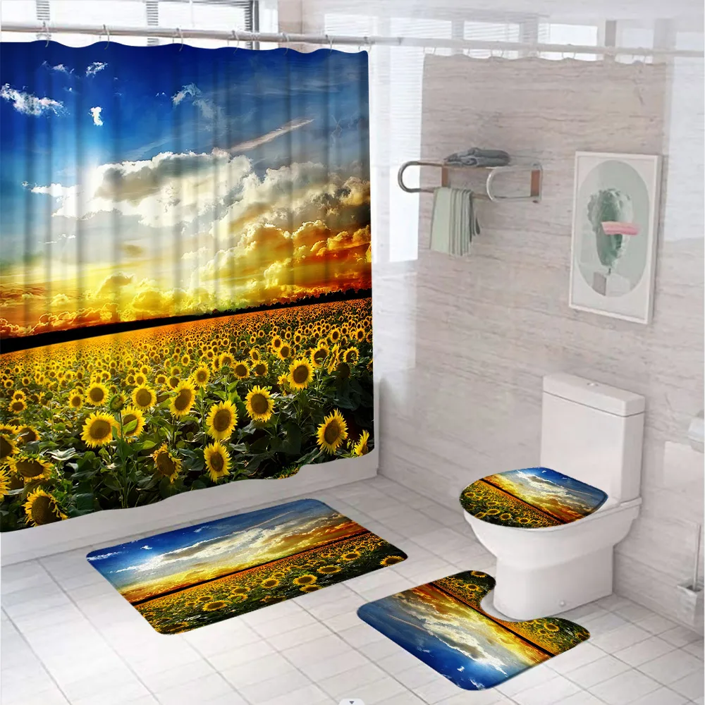 

Sunflower Flower Field Shower Curtain Set Country Scenery Sunset Bathroom Curtains Non-Slip Bath Mat Pedestal Rug Toilet Covers