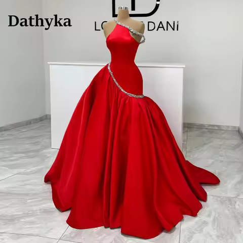 Dathyka Attractive A Line Formal Evening Dress Sleeveless High Neck Backless Pleats Satin Special Occasion Gown Customized
