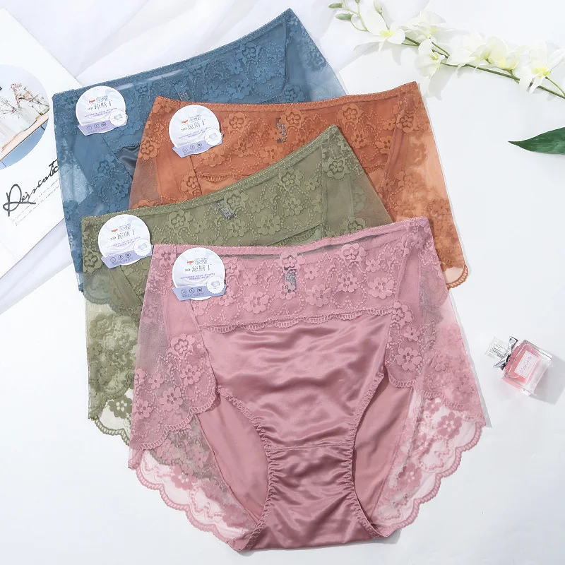 XXXL Ultra-thin Mesh Transparent Big Size Underwear Modal Cotton Lace Briefs Silky Satin Elasticity High Waist Panties