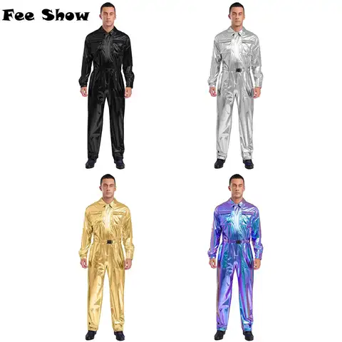 Men Shiny Metallic Overalls Bodysuit Turn-down Collar Long Sleeves High Waist Jumpsuit with Waistband Fashion Halloween Costume