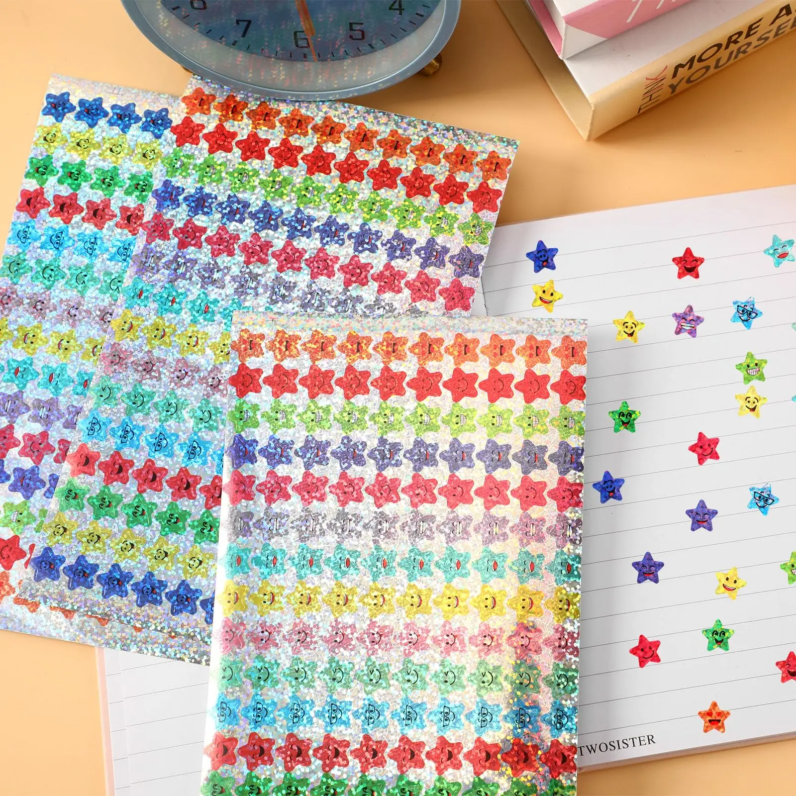 1500 Pcs Glitter Foil Small Star Stickers,15 Designs Happy Face Stickers for Student Reward