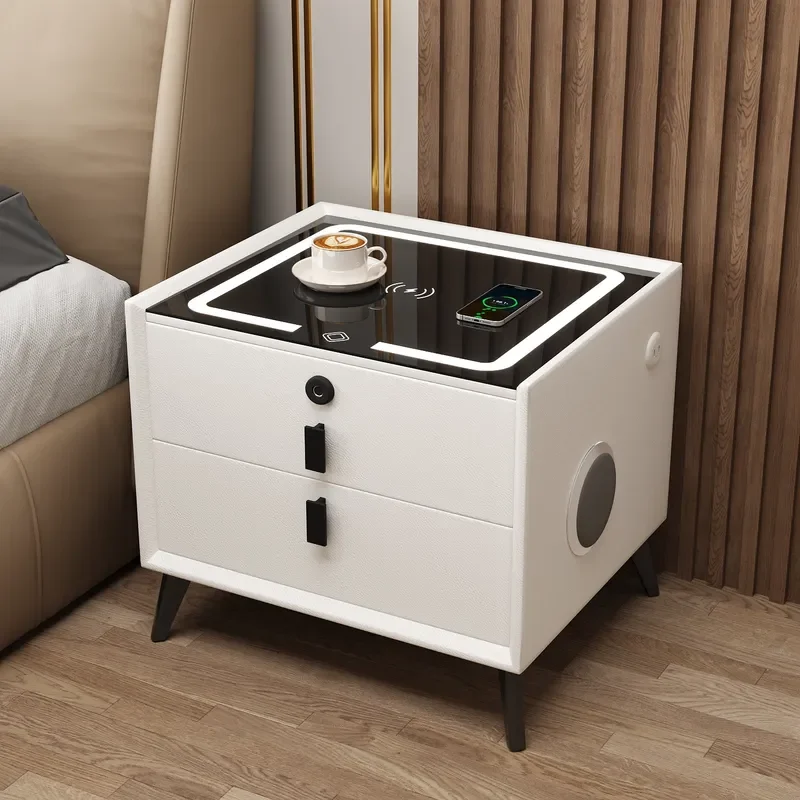 Solid Wood Smart Nightstand with Wireless Charger Lockable Storage Cabinet Modern Bedroom Furniture Home Bedside Table