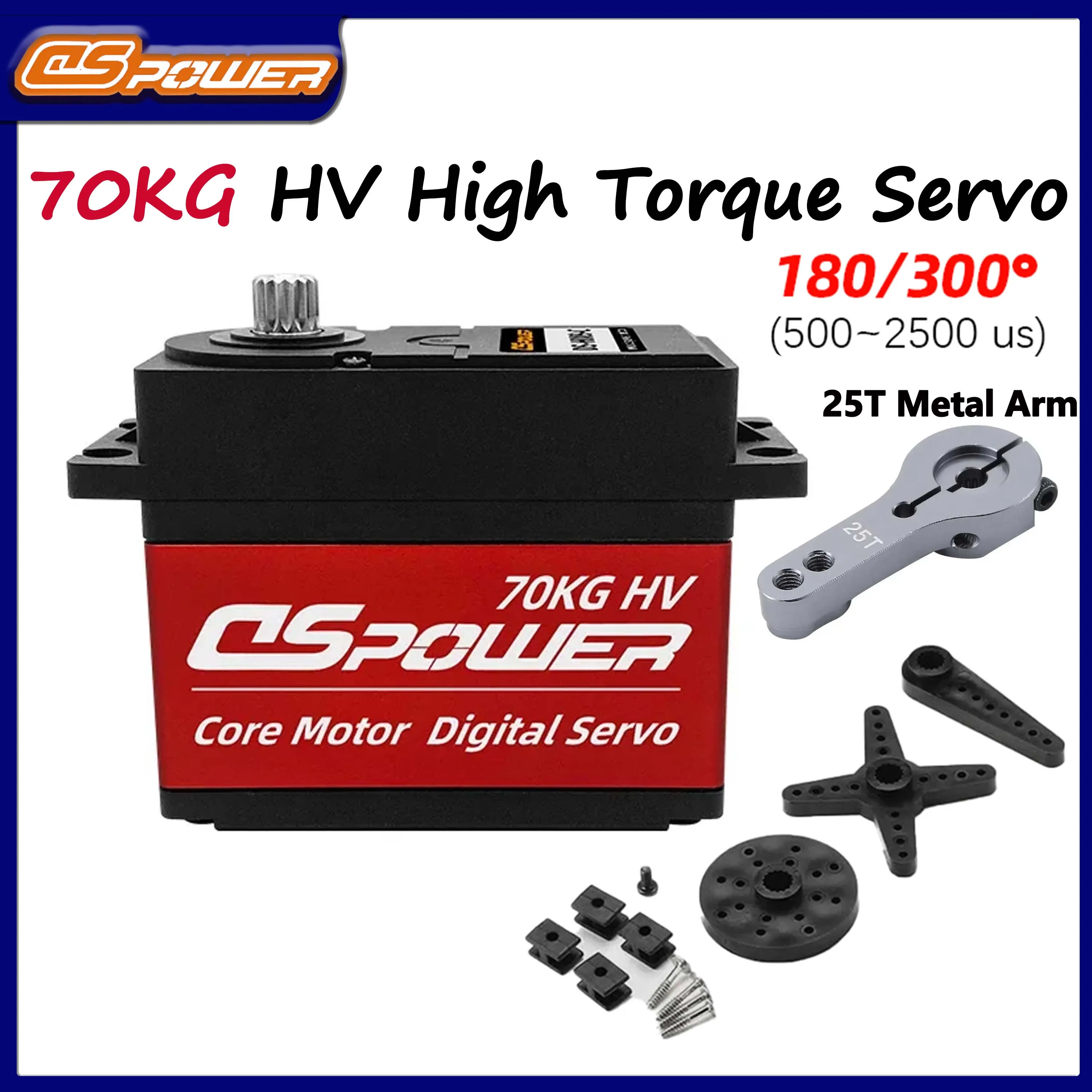 

70KG HV High Torque Core Motor Steel Gear Servo with 25T Servo Arm for 1/5 1/8 RC Car Crawler Truck Robot Redcat Axial Traxxas