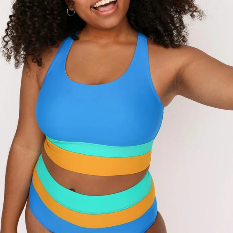 

Summer vest high waist swimming trunks set bikini women's contrasting color large size split swimsuit fashionable simple luxury