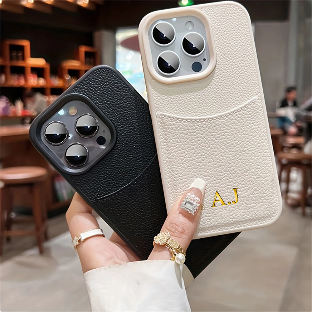 Personalized Card Slot Case For iPhone 12 13 14 15 16 Pro Max Customized Name Luxury Leather Initial Letters Cover 15 16 Pro Max