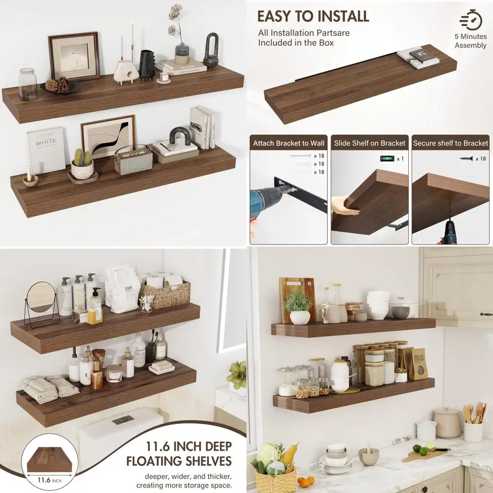 

48-Inch Wide 12-Inch Deep Wall-Mounted Floating Shelves - Rustic Style Extra Deep Bookshelf