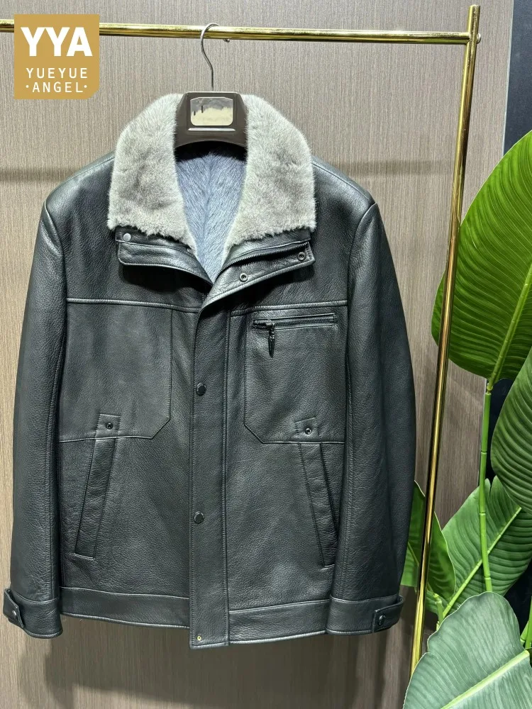 

Top Quality Winter Autumn Mens Goat Genuine Leather Jacket Wool Lining Warm Jackets Coats Turndown Collar Zippers Outerwear