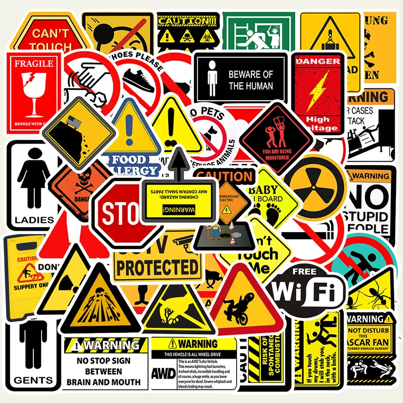 50PCS Traffic Danger Banning Signs Warning Stickers Motorcycle Helmet Bike  Warning Pattern Sign Graffiti Decals Kids Toys Gift