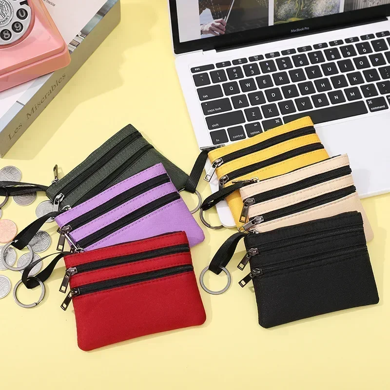 

Women's 3 Zippers Canvas Coin Purse Mini Wallet Solid Change Purses With Keychain Money Bags Coin Key Storage Bag