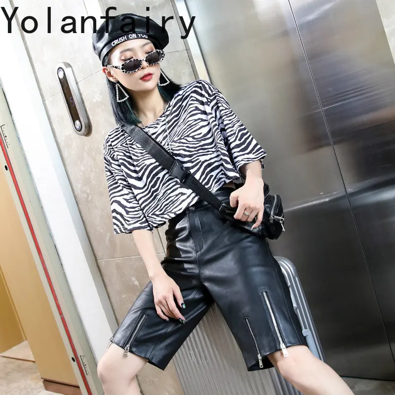 YOLANFAIRY Women Genuine Sheepskin Leather Pants 2026 Autumn Black Straight Leg Cropped Trousers Casual Five Point Pants Woman