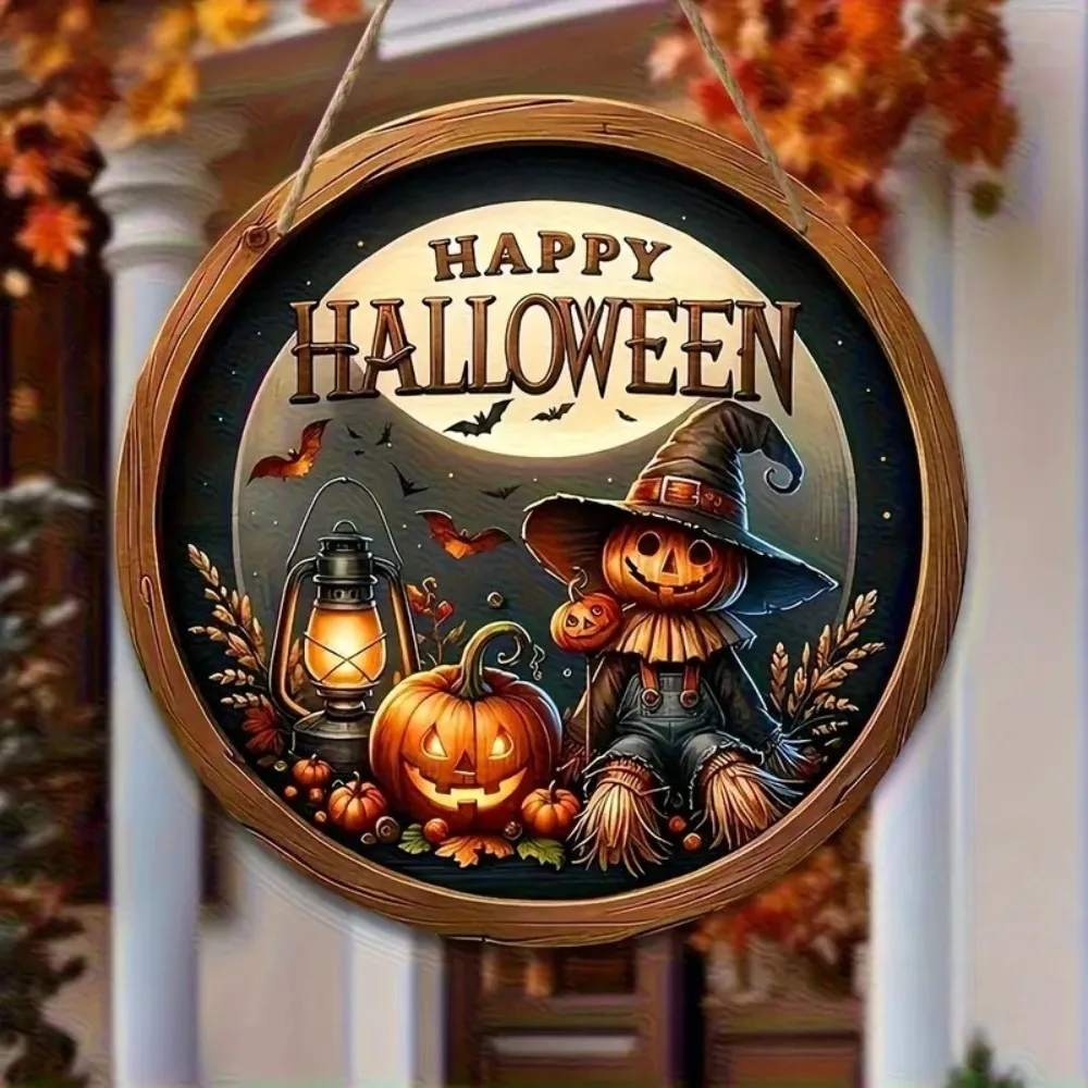 2D Halloween Scarecrow and Pumpkin Circular Wooden Sign, Suitable for Home, Farmhouse, Porch, Garden, Holiday Decoration, Gifts