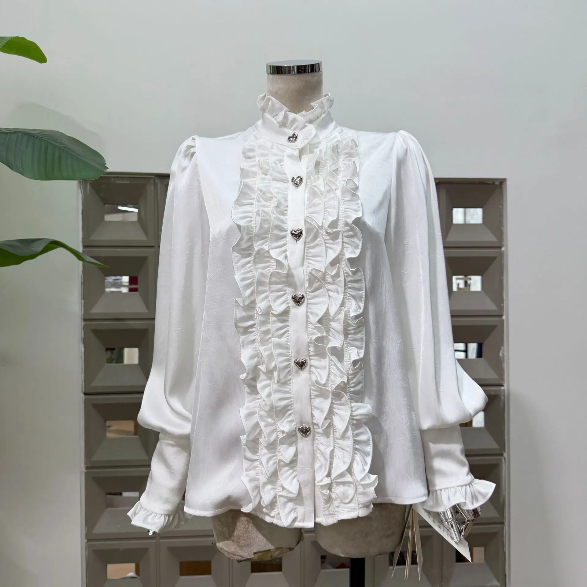 

Ele Satin Long Sve irt Women's Stand Collar Cross Design Sense Wood ain White Top Commute Sle Loose Fit