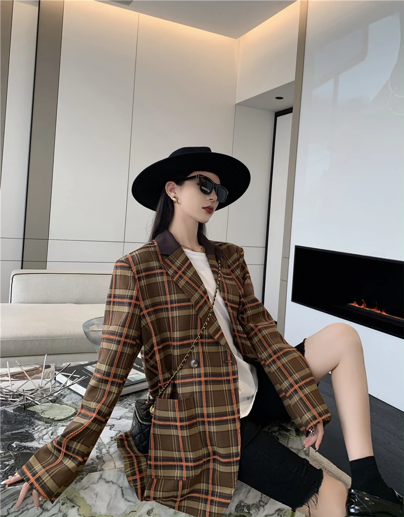 Vintage brązowy Plaid Blazers kobiety moda Casual luźna zapinana na guziki kurtki damskie wiosenny i jesienny nowy