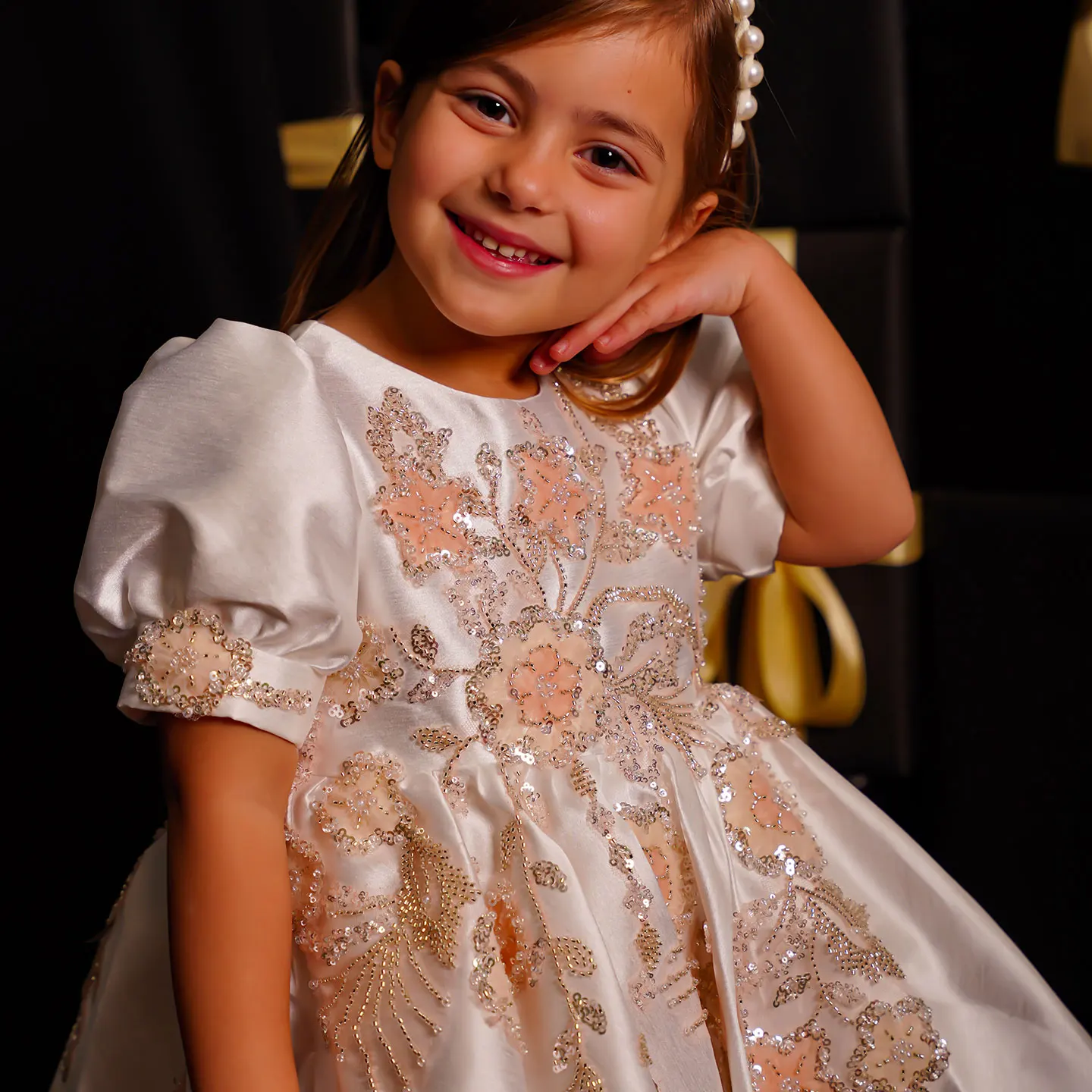 Jill Wish Luxury Off White Flower Girl Abiti Dubai Perline Paillettes Abito da principessa per bambini Matrimonio Compleanno Festa Spettacolo J085