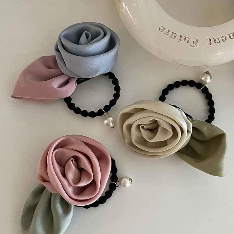 French Rose Leaf Hair Band High-Grade Satin Flower Fairy Hair Rope Ponytail Rubber Band Hair Rope Headwear Hair accessories