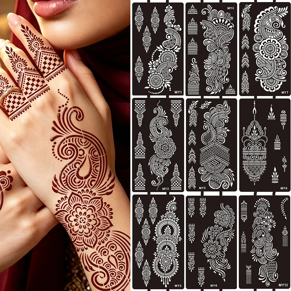8pcs Mehndi Design Tattoo Stencils Henna Stencils for Hand Henna Tattoo Template Indian Flower Body Painting Tools for Women