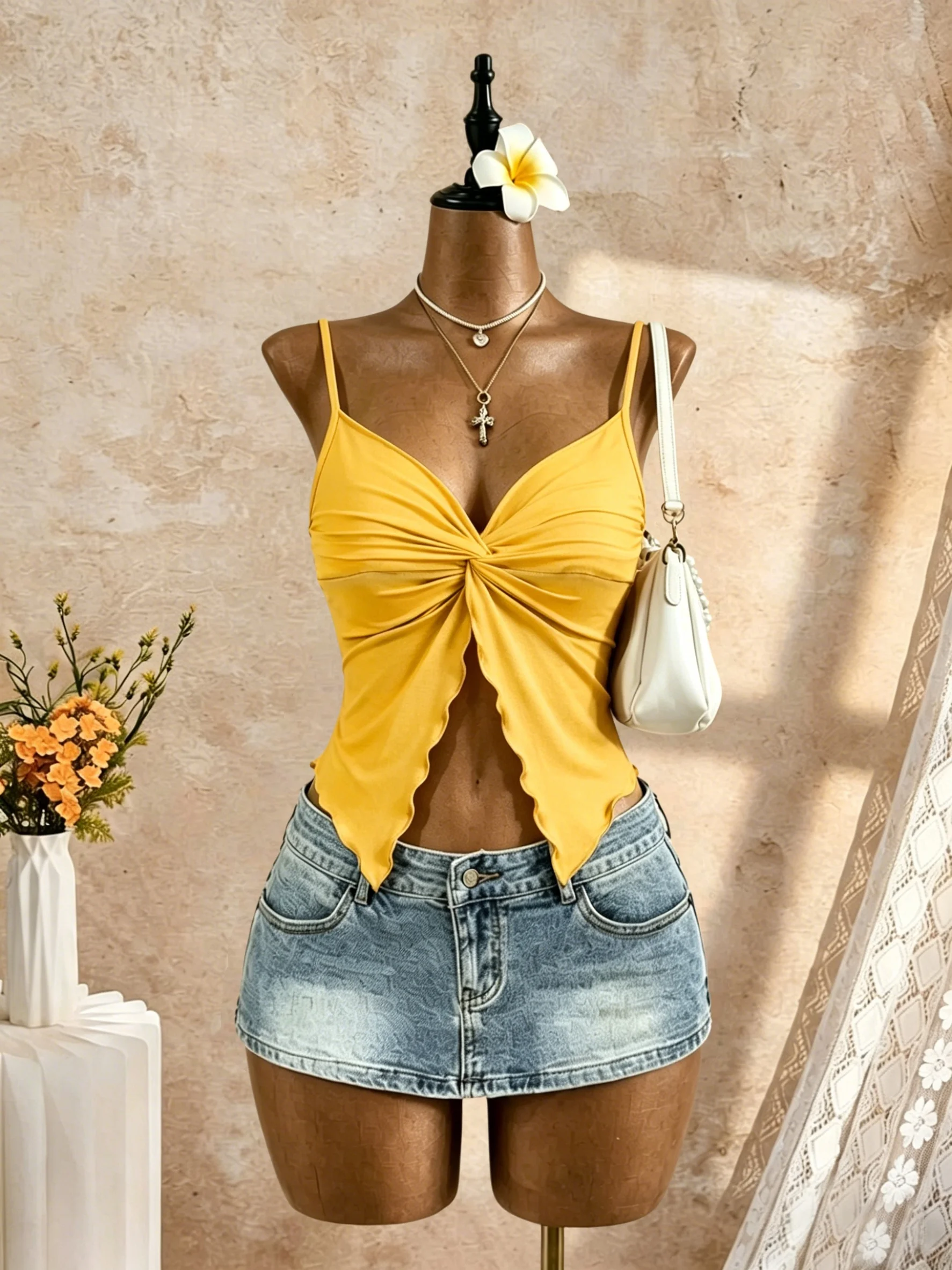 Damen Spaghetti-Träger V-Ausschnitt Twist-Front Cut-Out Rüschen Unregelmäßiger Saum Slim Fit Crop Cami Top 2026 Sommer Y2K Einfarbig Weiß Ärmellos – Detail 3