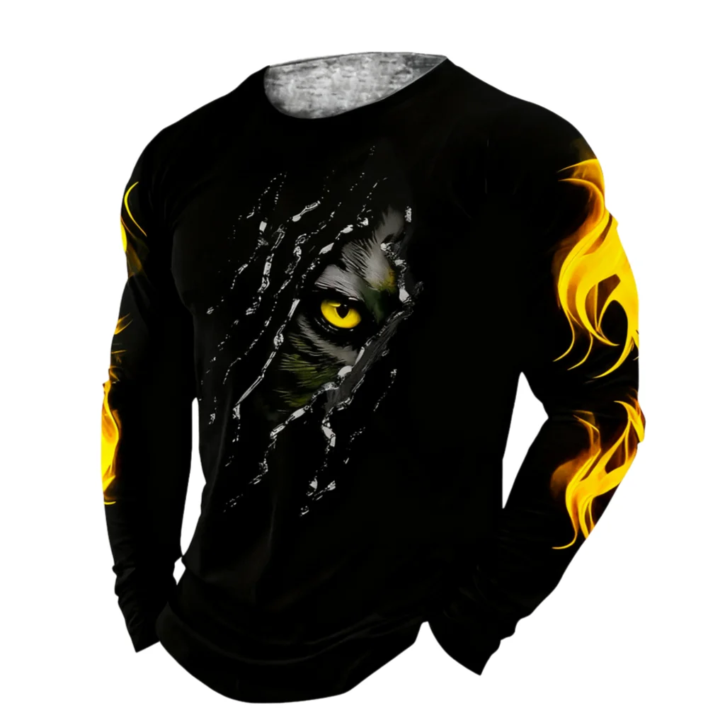 Men Clothing 3D Print Flame Scratch T-Shirt Autumn Daily Casual Round Neck Long Sleeve Pullover Loose Creative Comfortable Tops