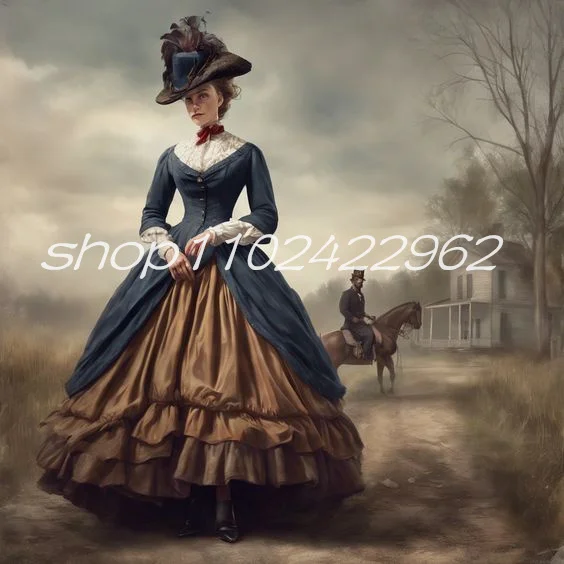 History Victorian Civil War Prom Dresses Navy Blue Gold Long Sleeve Puffy Skirt Lace-up Corset Walking Evening Gown Costume