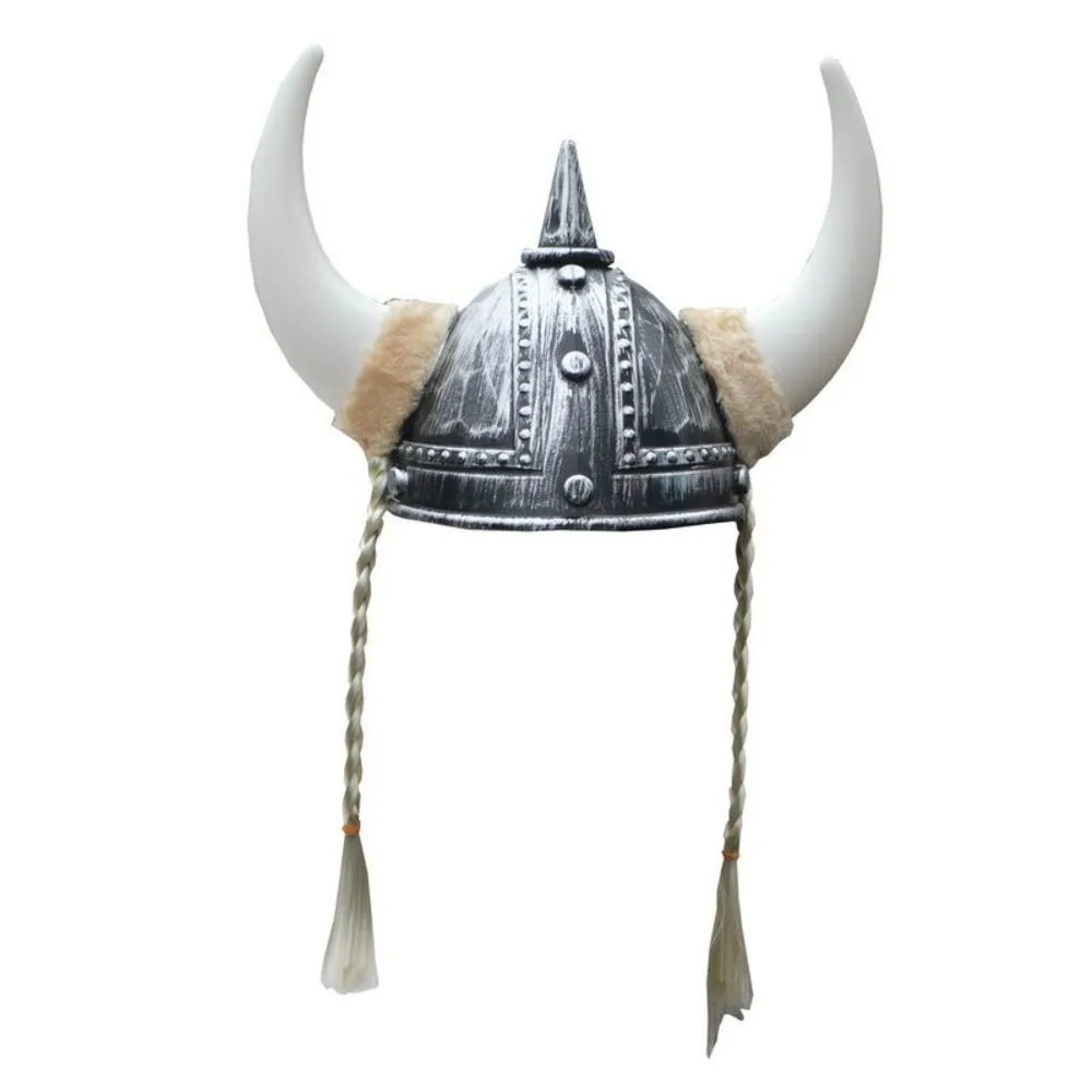 Plastic Viking Horn Hat Helmet with Braids Antiqued Medieval Warrior Knight Hat Realistic Head Ornament