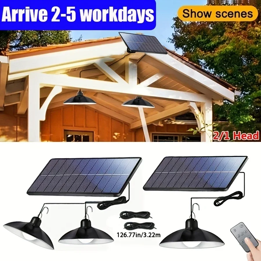 

Solar Pendant Light Outdoor Waterproof LED Lamp 1/2-head Chandelier Decorations with Remote Control for Indoor Shed Barn Room