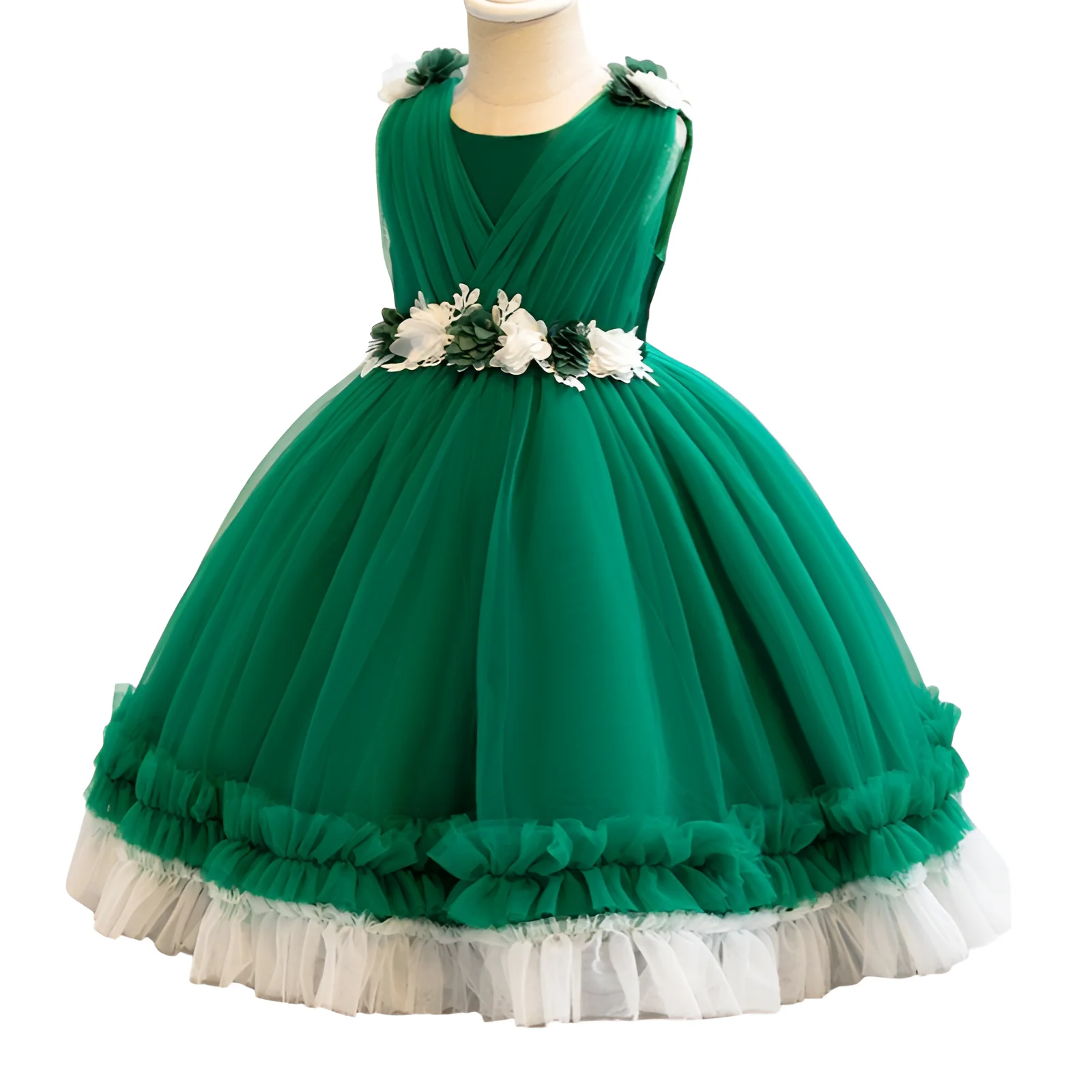 2-10 Years Old Fancy Green Party Dress for Girls Flower Ball Gown Kid Vestidos 2 4 6 8 10 Years Old Kids Clothes