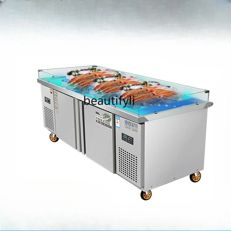 

Stainless steel seafood ice table display cabinet, cooked food refrigerated and frozen a la carte cabinet