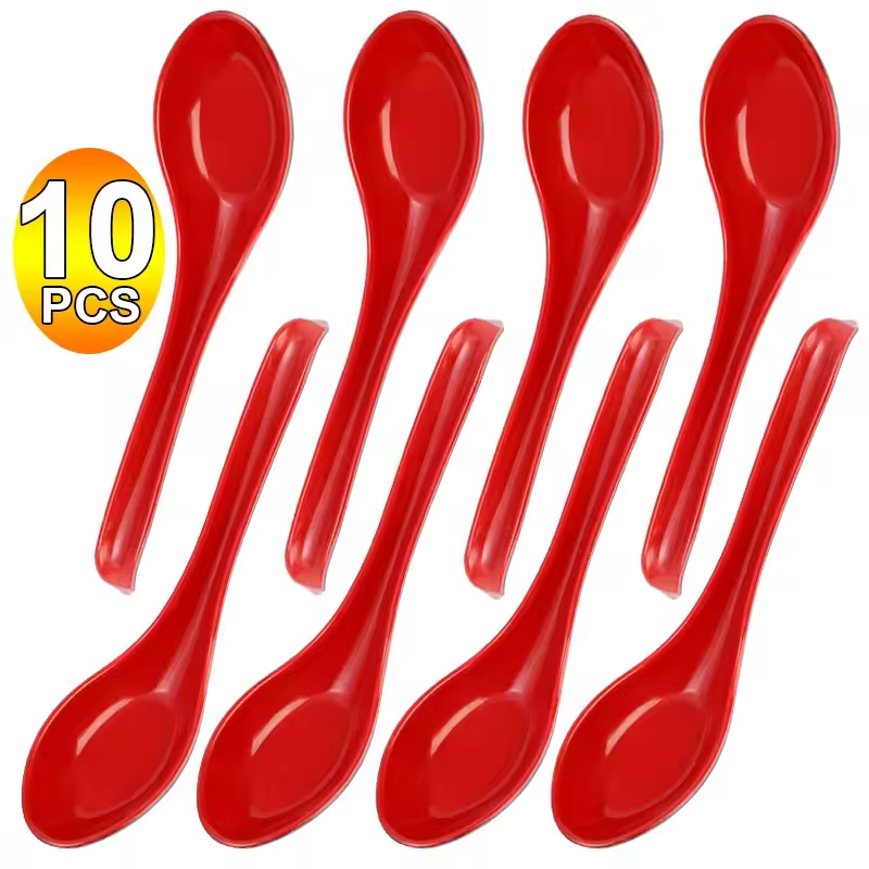 1/10PCS Soup Spoon Melamine Red Black Long Handle Spoon Porridge Rice Dumplings Spoon Restaurant Bar Kitchen Cutlery Supplies