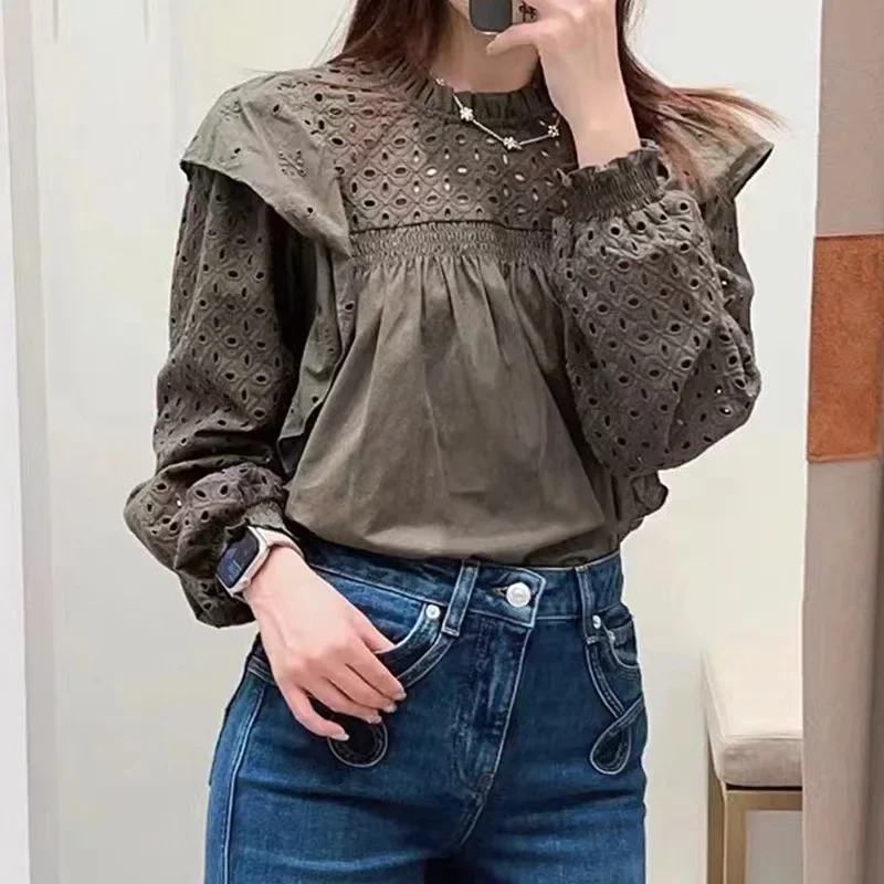 

Women Green Blouse Hollow Out Ruffles Spliced Long Sleeve O-Neck Casual Spring 2024 Shirt