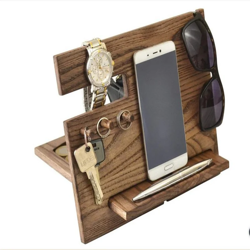 

2021 New Creative Lazy Solid Wood Mobile Phone Base Multi-Function Hangable Watch Glasses Key Storage Bracket