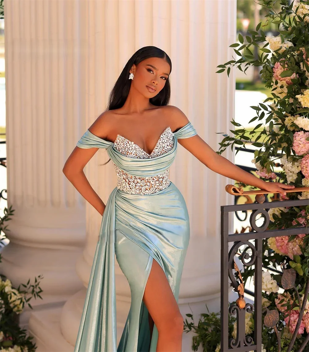 2025년 고급 오프숄더 졸업 파티 드레스, 반짝이는 V넥 하이 포크 이브닝 드레스, 교회 트레인 베스트 맞춤 제작