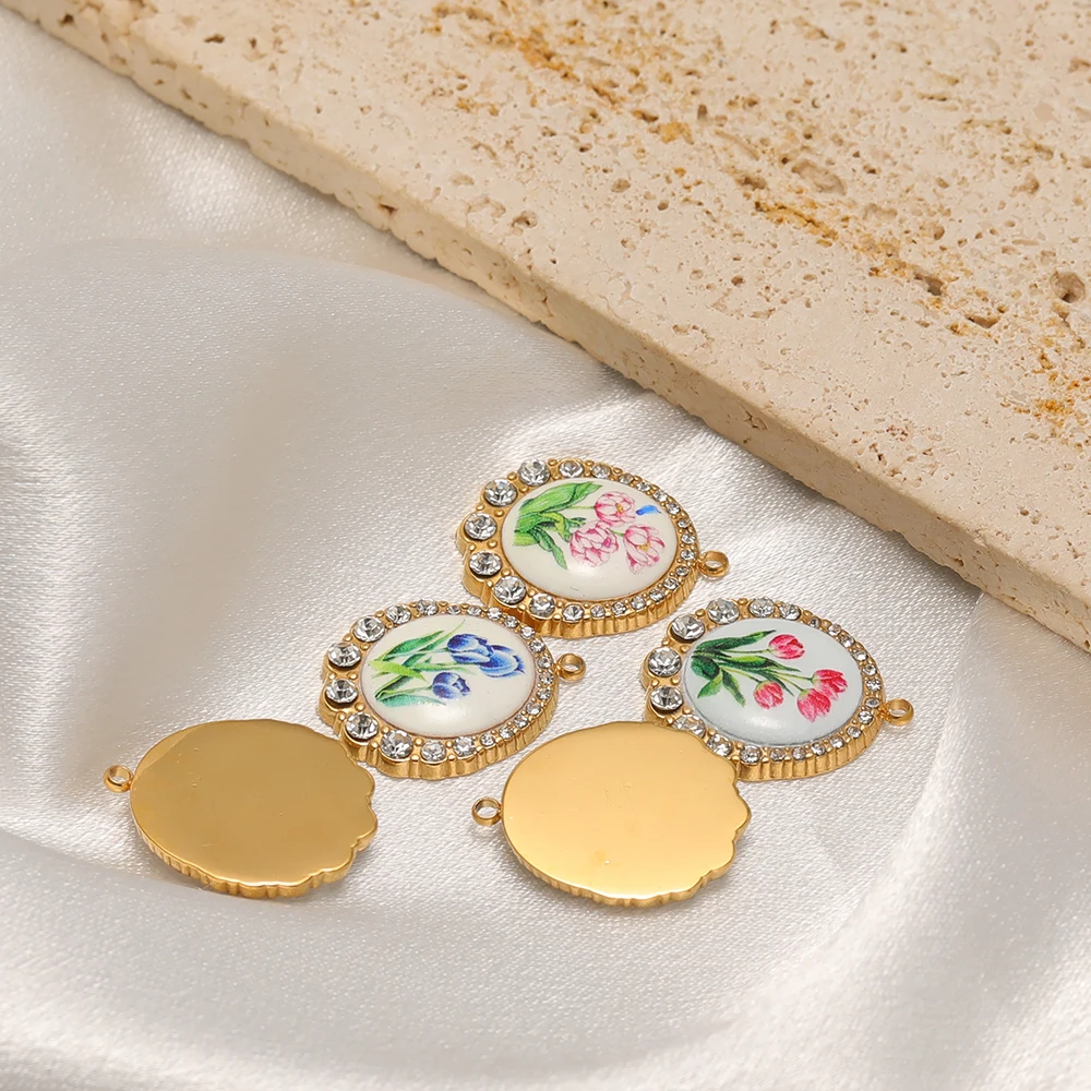 3 Stück Edelstahl-Emaille-Blumenanhänger, ovale Halskettenanhänger für DIY-Schmuckherstellung für Mädchen, Armbänder, Ohrringe, Bastelzubehör – Detail 1