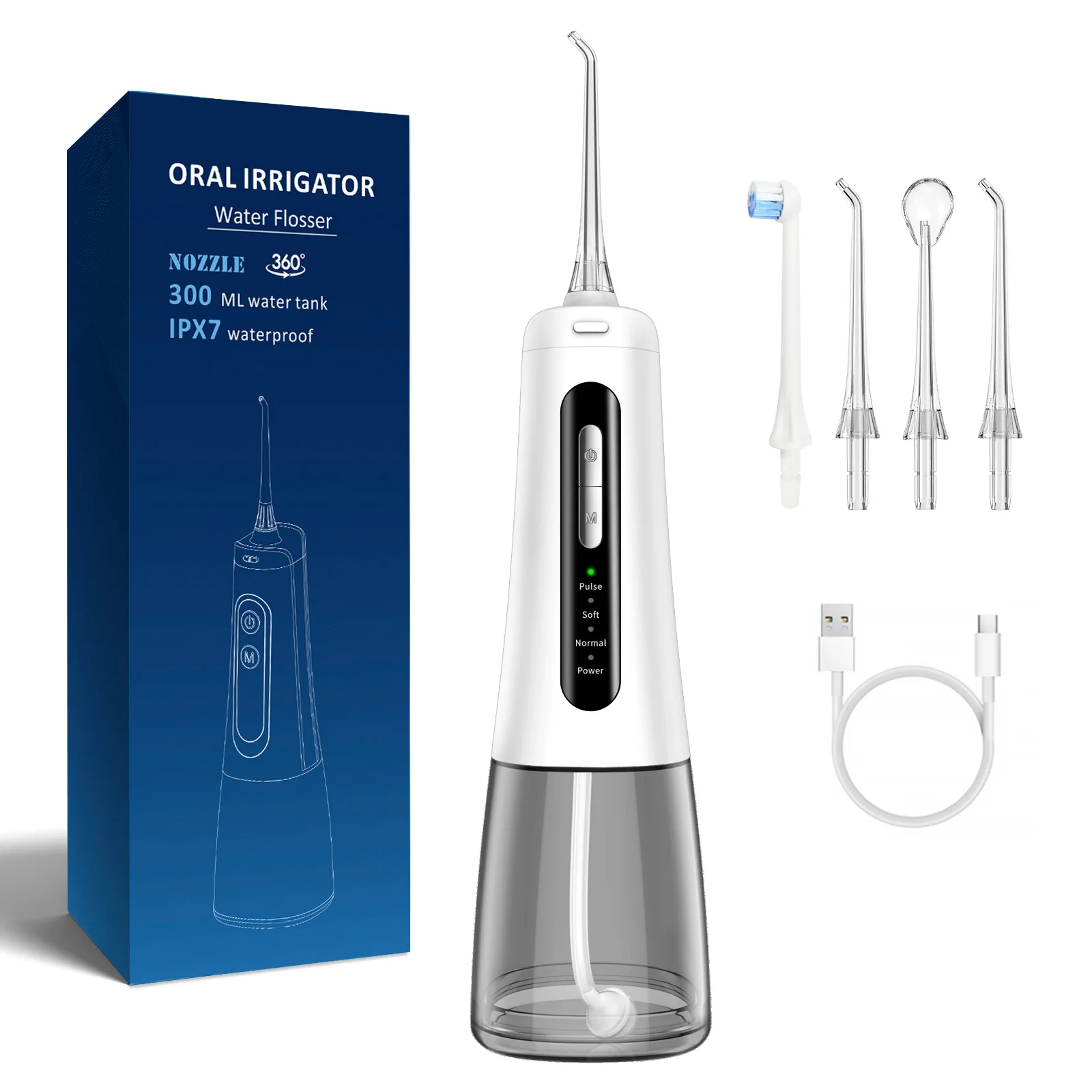 

Oral Irrigator Dental Water Flosser for Tooth Whitening Rechargeable 4-Speed Portable Dental Water Jet Floss 300ML Teeth Cleaner