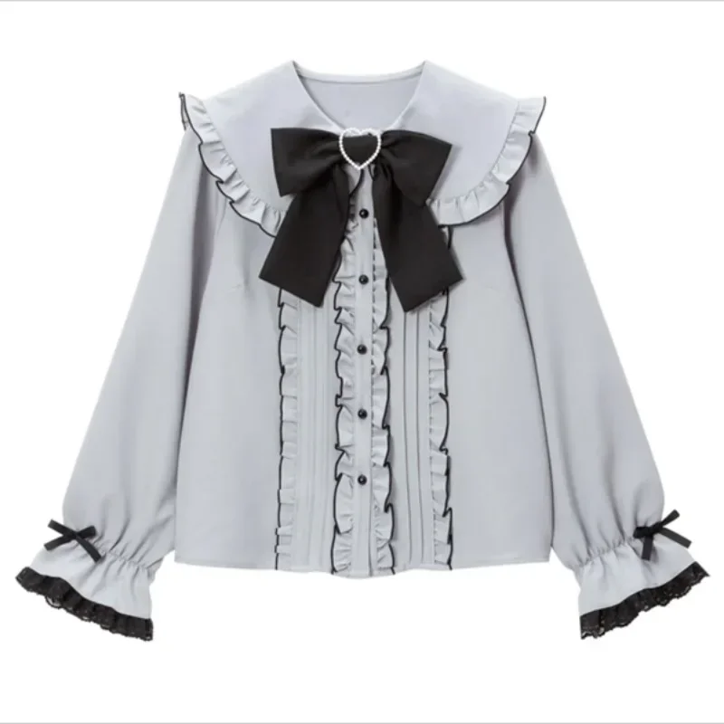 Japanese Bow Tie White Shirt Girls Japanese Long Sleeve Kawaii Clothing Ruffle Trim Student Doll Shirt Design Shirts Blouses