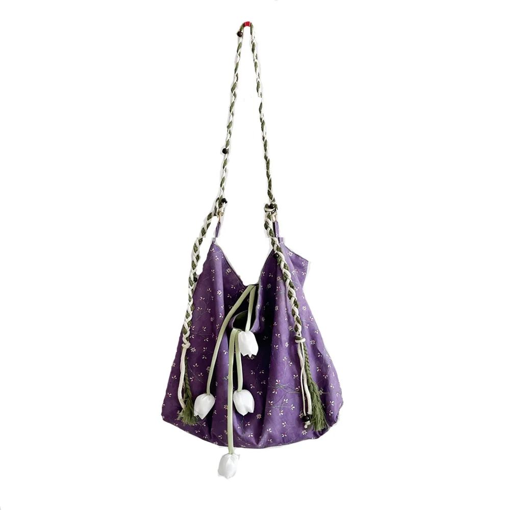

2026 Spring Summer New Style Lilac Color-Block Women Shoulder Bag Retro Floral Cotton Canvas Crossbody Bags for Girls Ladies