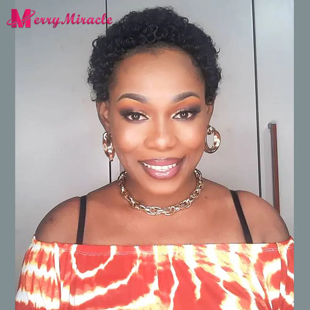 Afro Curly Synthetic Full Wigs with Thin Hair African American Hairstyles Wigs Short Pixie Cut Synthetic Hair Wigs for Women