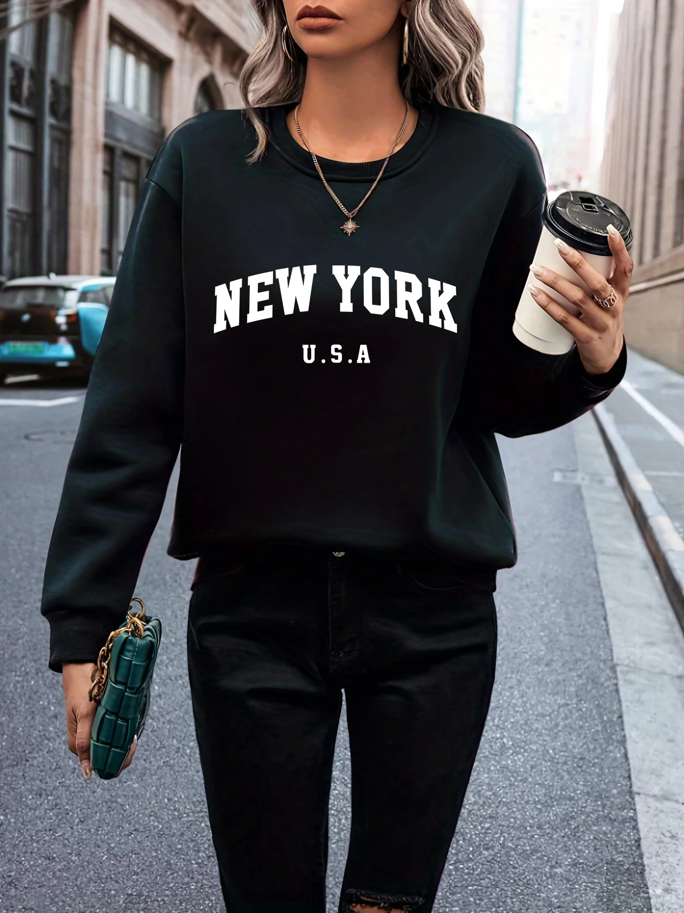 NEW YORK Monogram Print Casual Hoodless Top Fashion Y2K Black Women\'s Sweatshirt