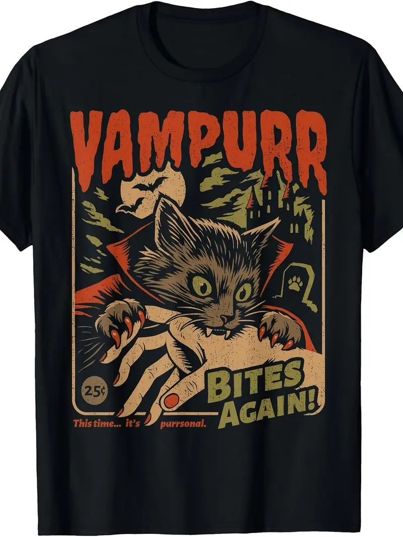 Vampurr Bites Again! Funny Cat Halloween Vintage Graphic T-Shirt Short Sleeve Round Neck Casual Top Gift For Cute Cat Lovers